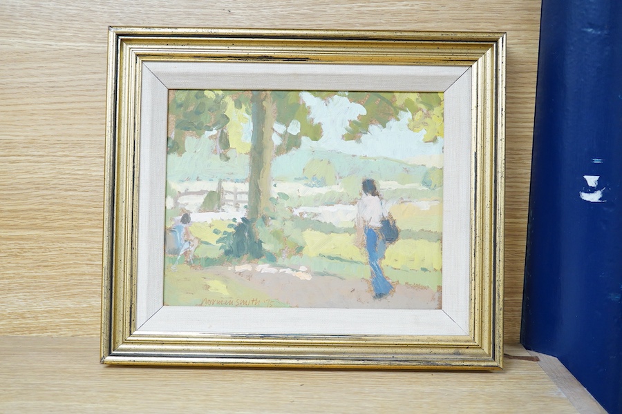 Norman Smith (1910-1996), 'Along the footpath', signed and dated '75, Impressionist oil on board, 18 x 23cm